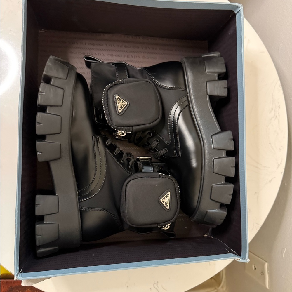 Prada Monolith leather and nylon boots in size 38 (US 8